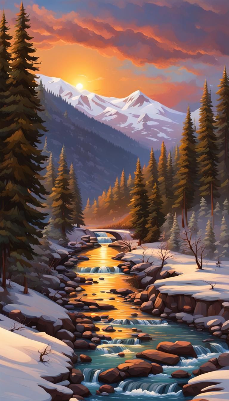 Mountain Sunset with River Rapids and Arcade Bridge