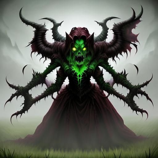 <lora:Horror Character:1.0> A scary female hag banshee scaring a lone sheepherder in a meadow in Killarney with glisteni...