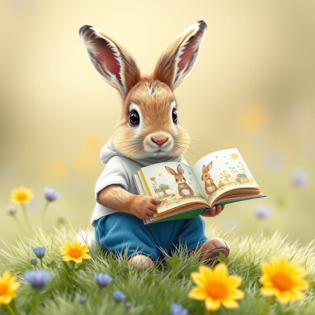 Whimsical Rabbit Reading Book in Flower Meadow