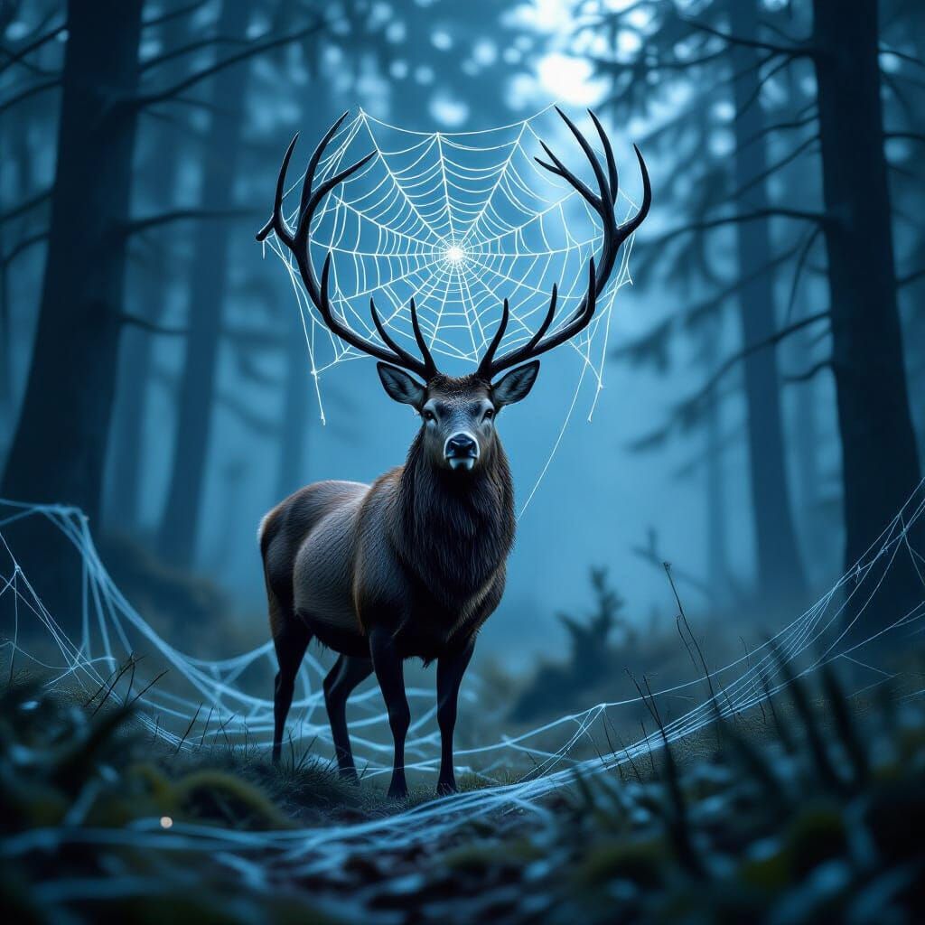Majestic Stag with Spiderweb Antlers in Misty Forest