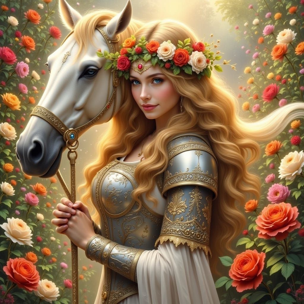 Ethereal Princess in Golden Armor Adorned with Roses and Gem...