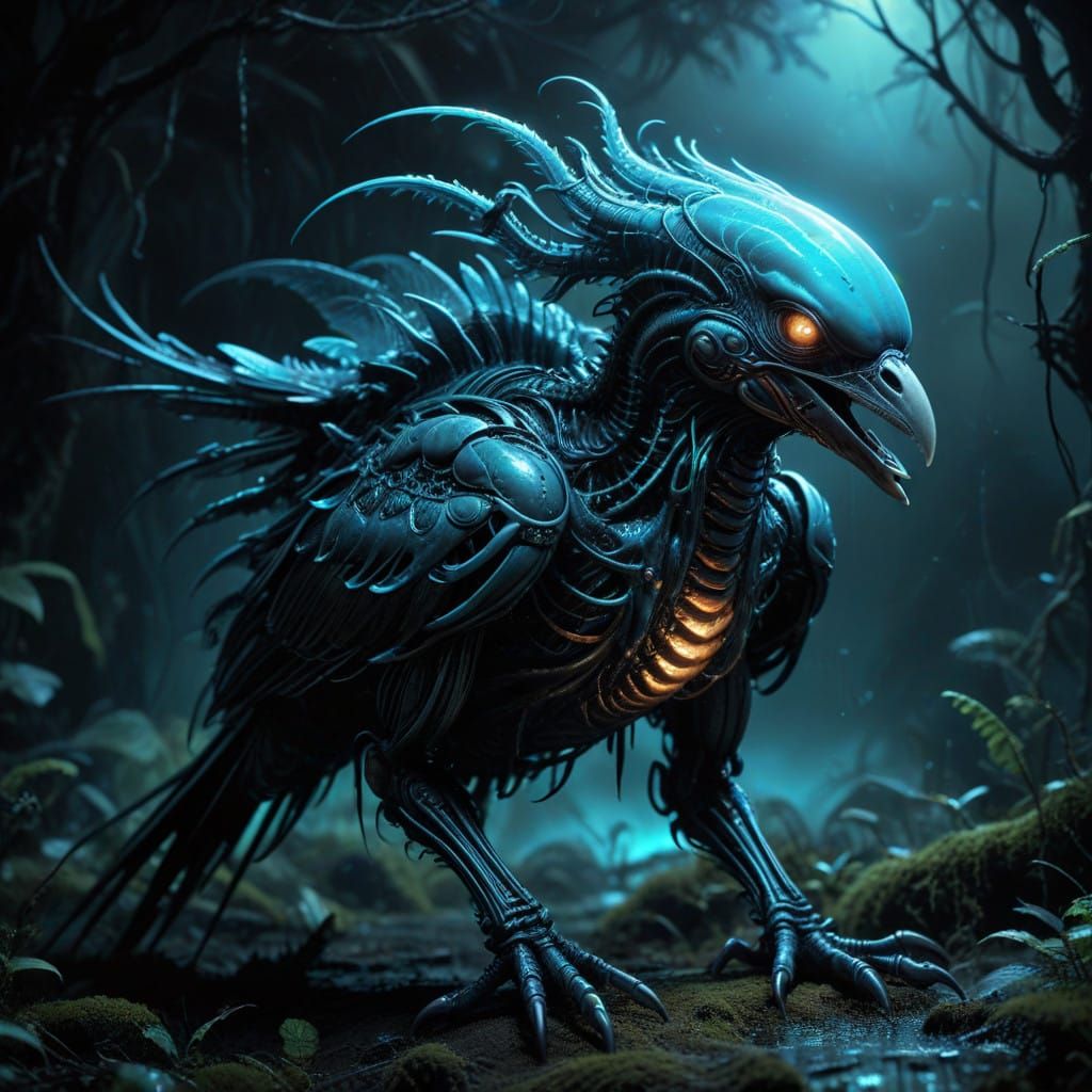 Glowing Birds in a Dark, Alien Landscape