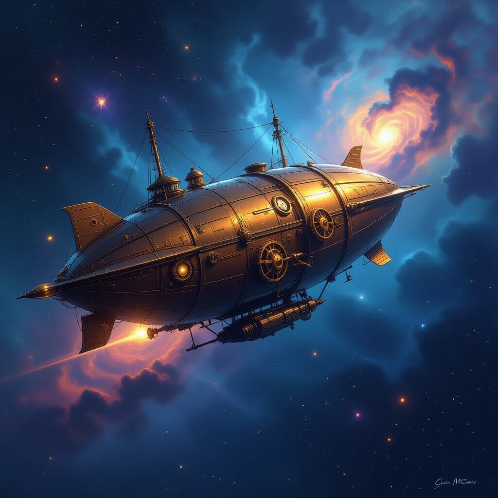 Steampunk Airship Drifting Through Cosmic Nebula