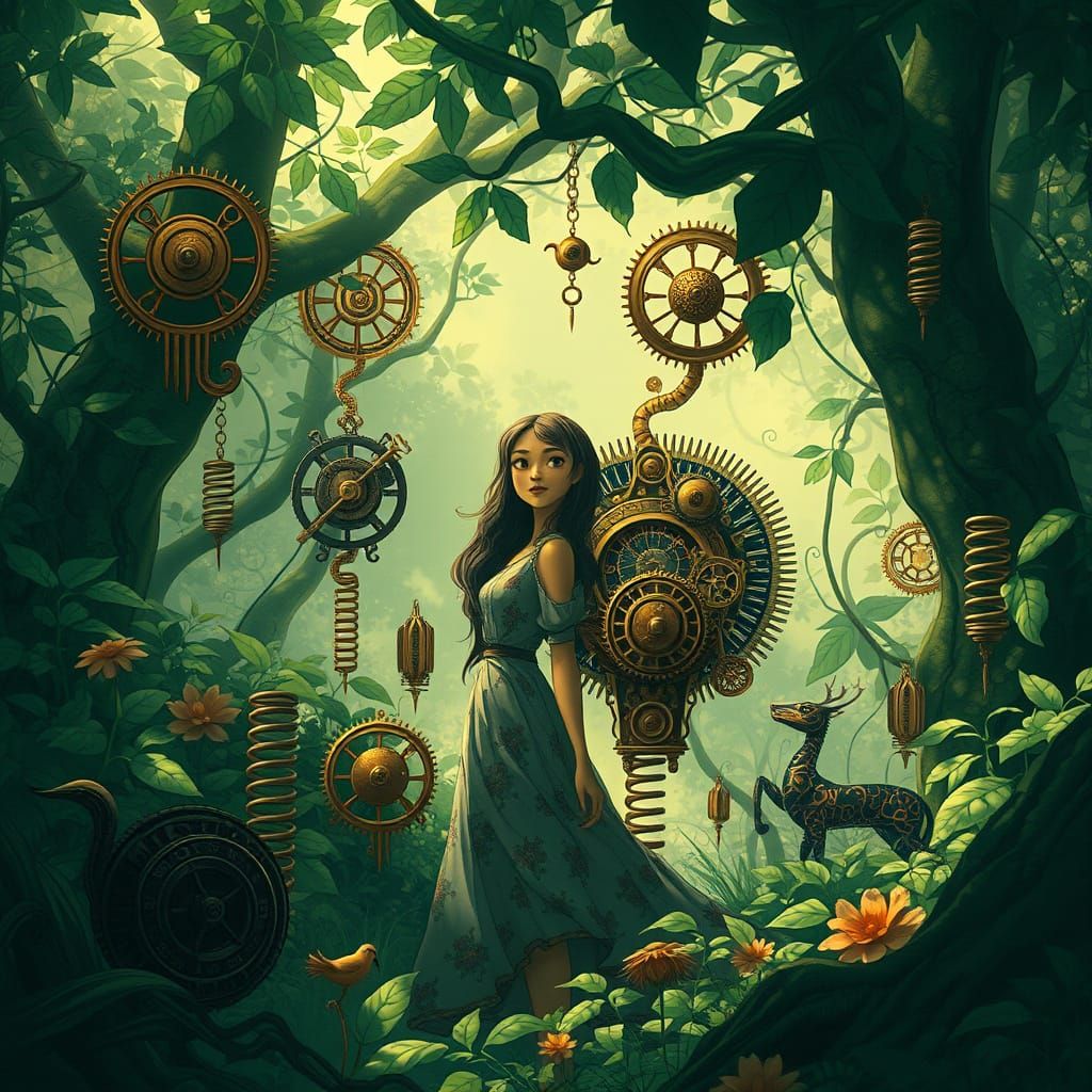 Clockwork Forest Scene in Ghibli Style