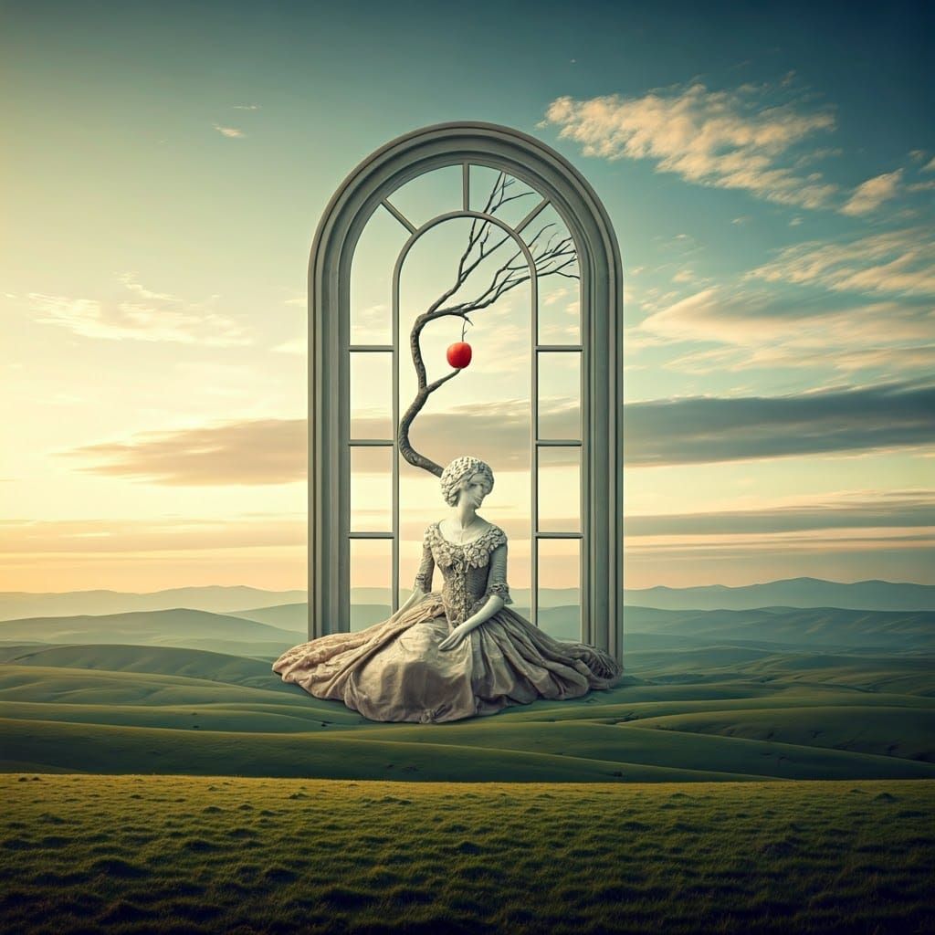 Surrealist Scene with Suspended Window Frame and Twisted Tre...