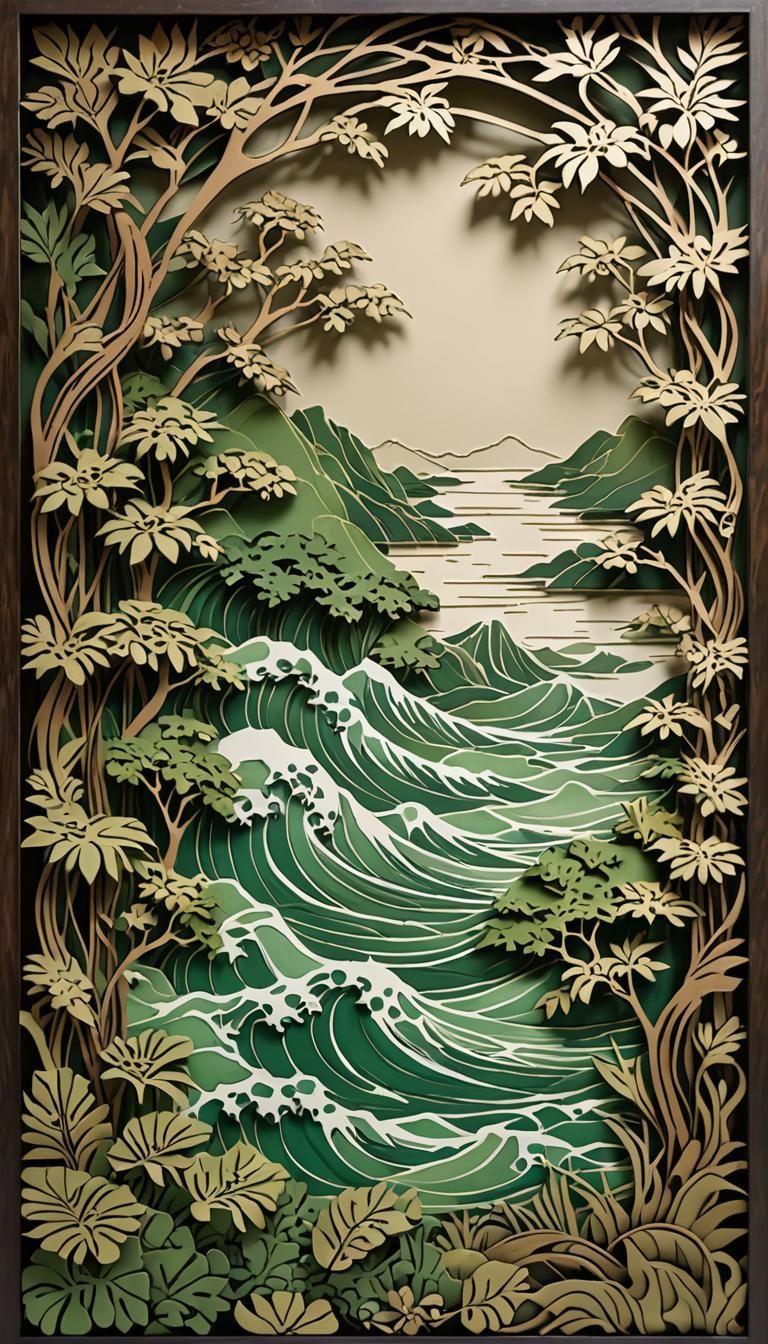 Lush Green World Framed in Japanese Woodcut Style