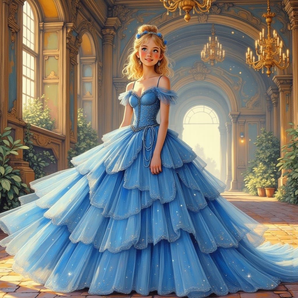 Cinderella in a Magical Ballroom, Watercolor and Collage