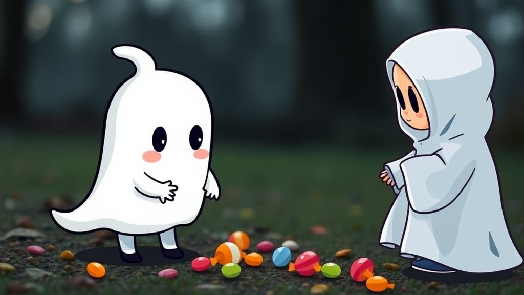 Cute Chibi Ghost Picks Up Candy in a Spooky yet Sweet Moment