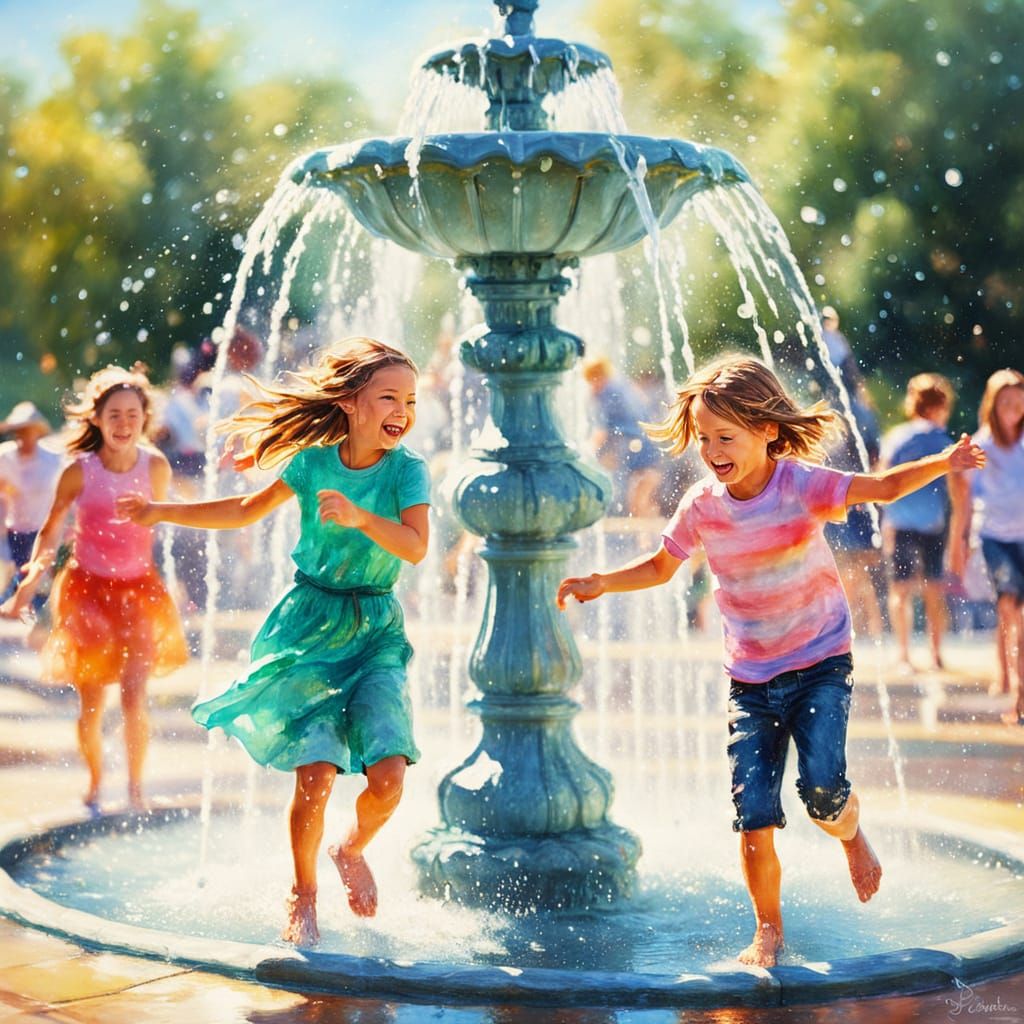 Impressionist Painting of Children Playing in Fountain