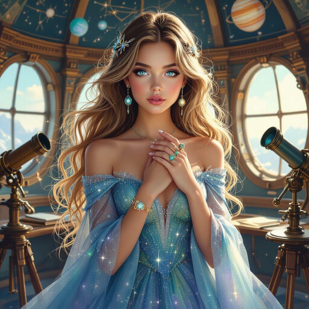 Woman with Aurora Hair in Observatory, Colored Pencil Art