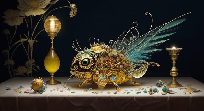 Surreal Still Life with Scarabs and Seashells