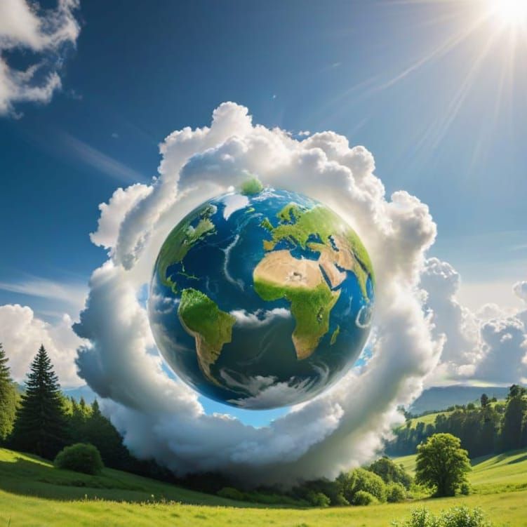 Earth Globe Cradled in Clouds Over Green Landscape