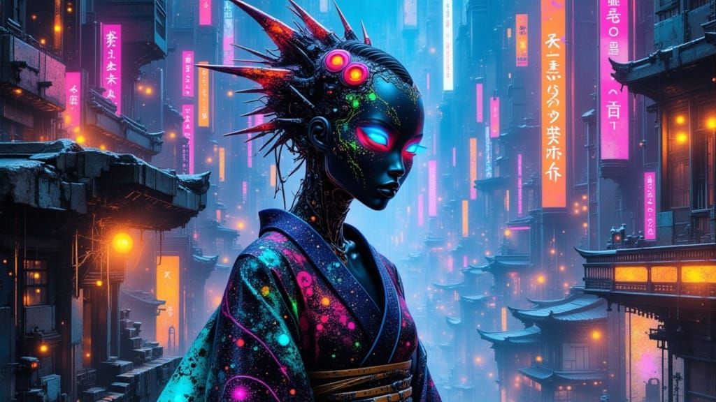 Cybernetic Reptilian Geisha in Fractal Metropolis