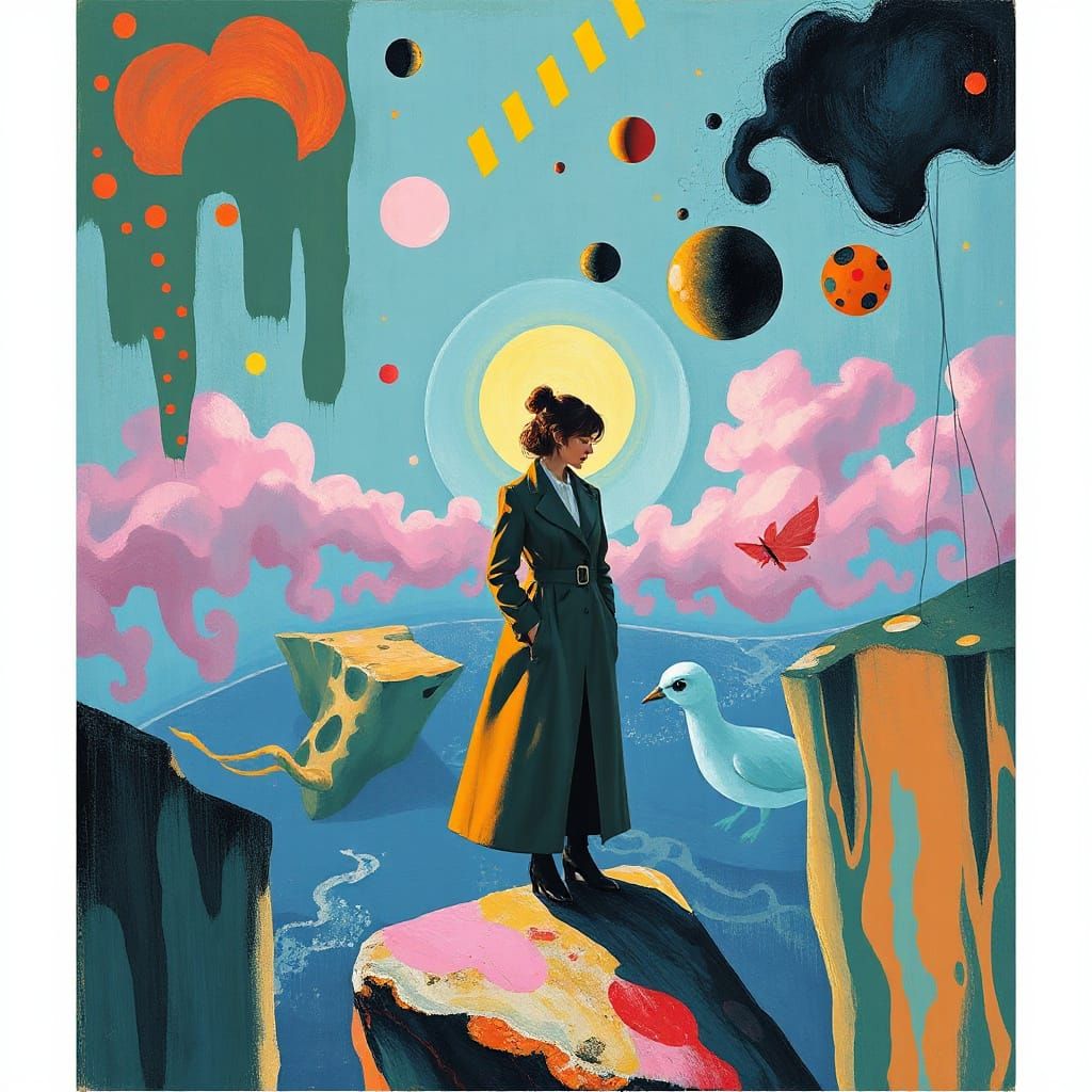 Elegant Woman on Cliff Edge in Surrealist Style