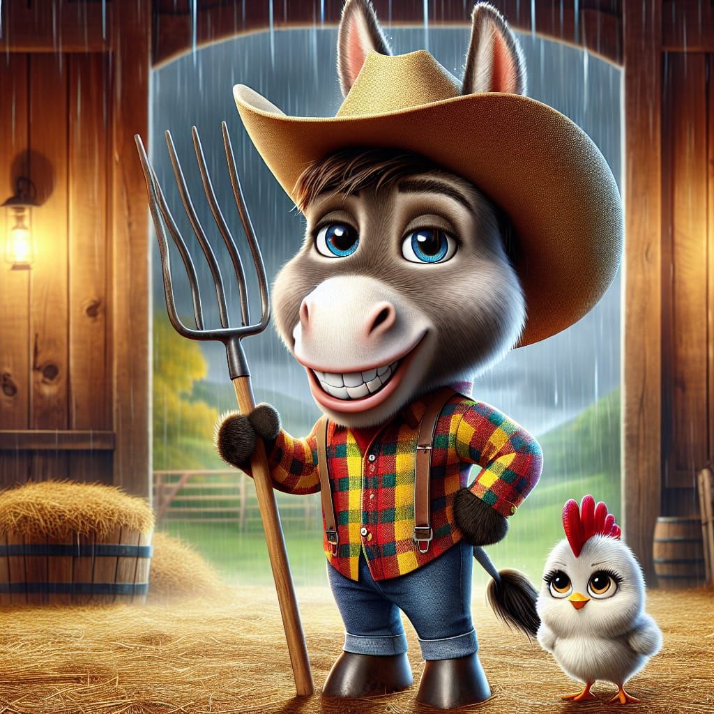 Cartoon Donkey Cowboy in Rainy Barn Scene