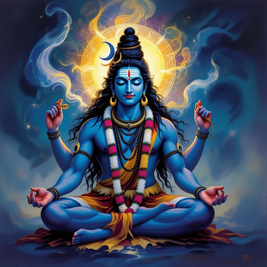 Shiva Meditating Amidst Cosmic Energy, Spiritual Art Style