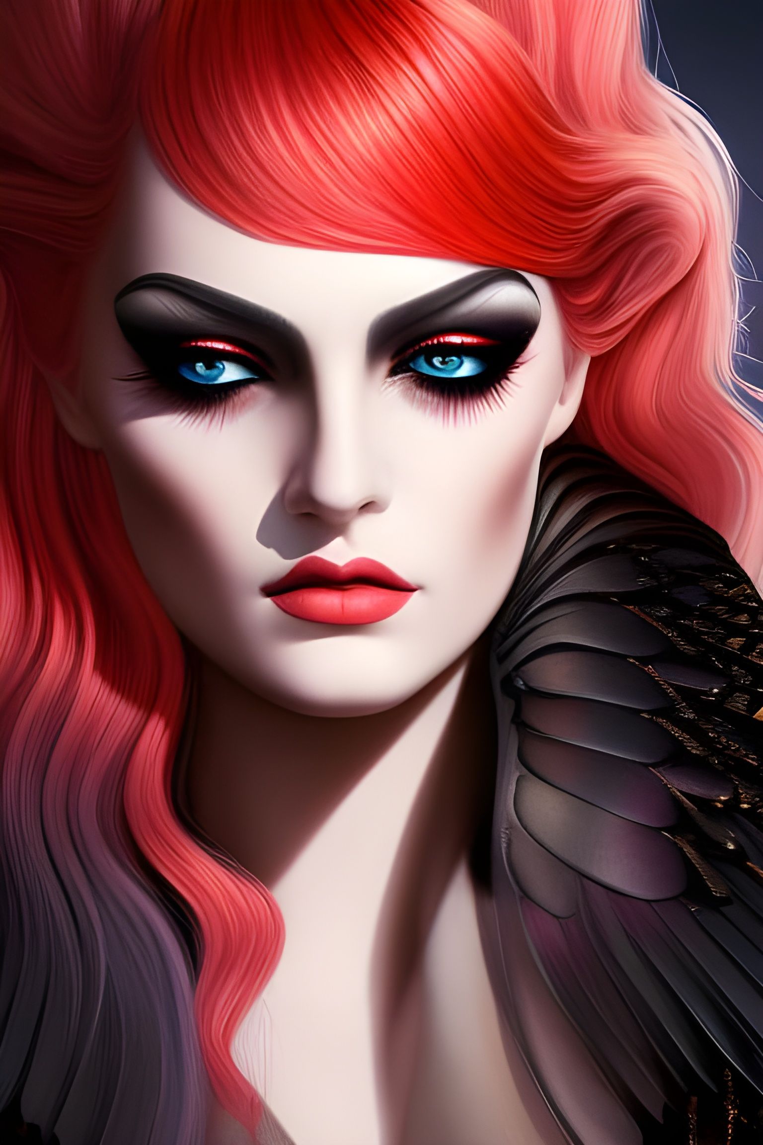 Hypnotic Goth Woman with Red Eyes in Semirealism