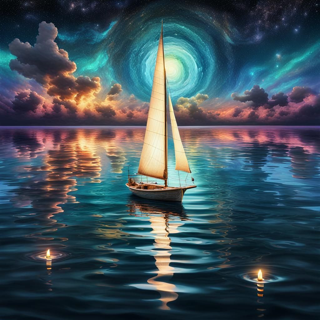 Surrealist Sailboat with Candle in Astral Sea