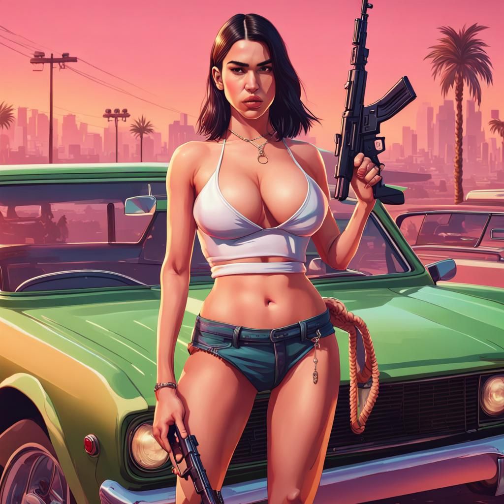 Dua lipa big breast with bikini and ak47 in Poster of videogame grand Theft Auto