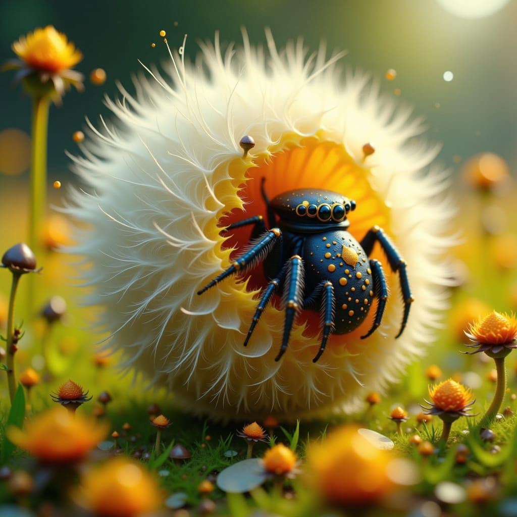 Jumping Spider in Dandelion Seed Ball, Digital Art