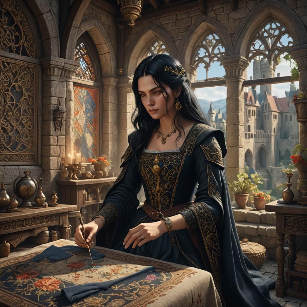Medieval Lady Embroidering in Castle Chamber