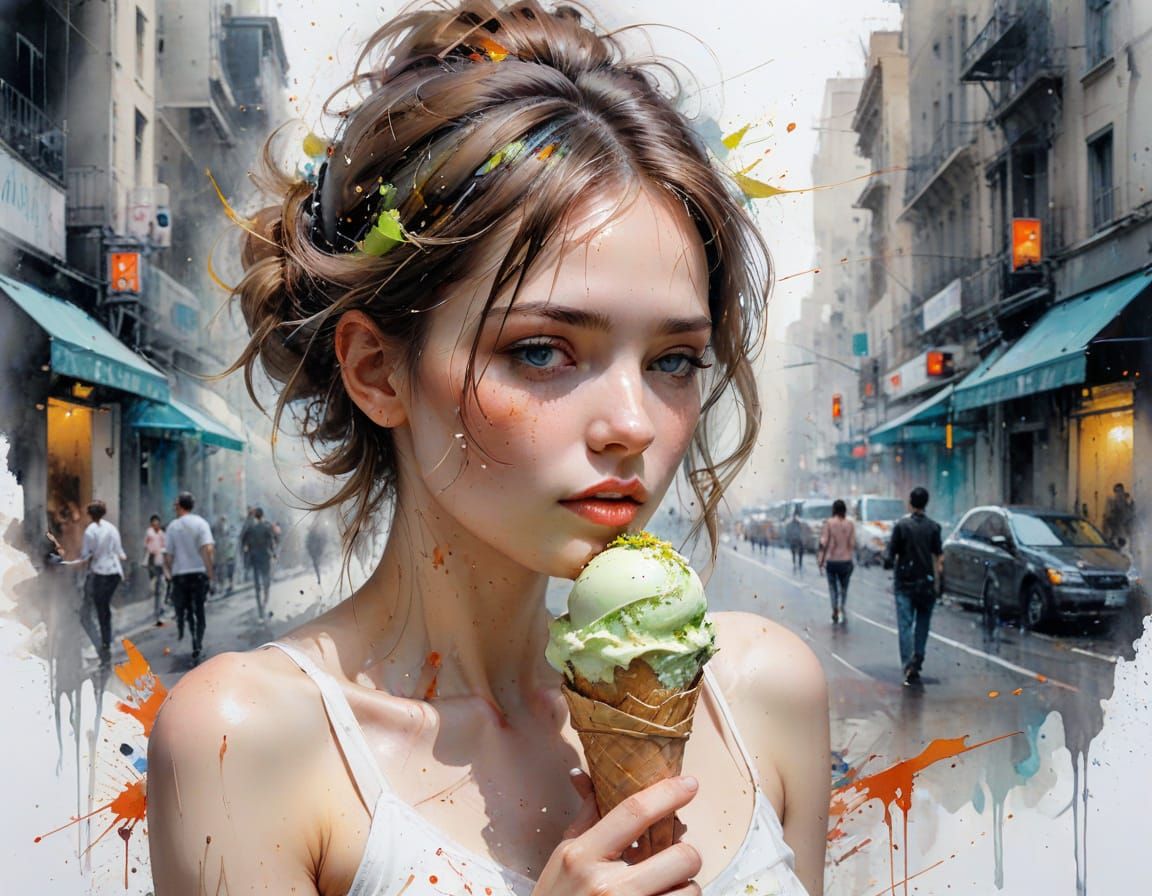 Cityscape with Pistachio Ice Cream: Watercolor Style