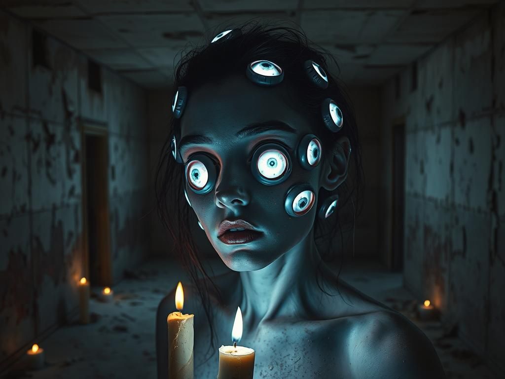 Woman with Glowing Eyes in Decayed Space, Hyperrealism