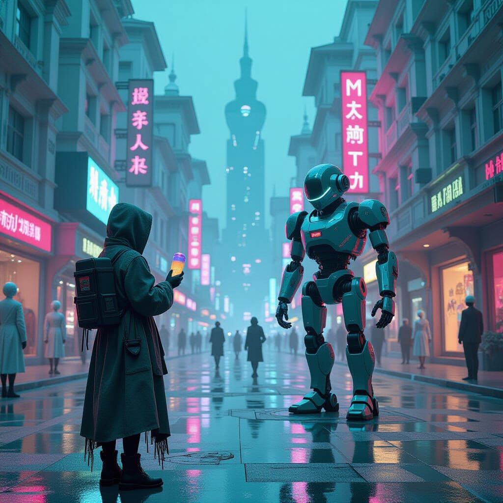 Dystopian Plaza with Cybernetic Figures in Neon Lighting