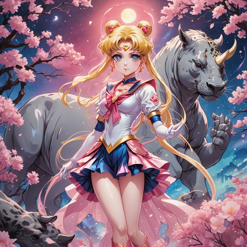 Sailor Moon with Rhino and Leopard in Anime Style