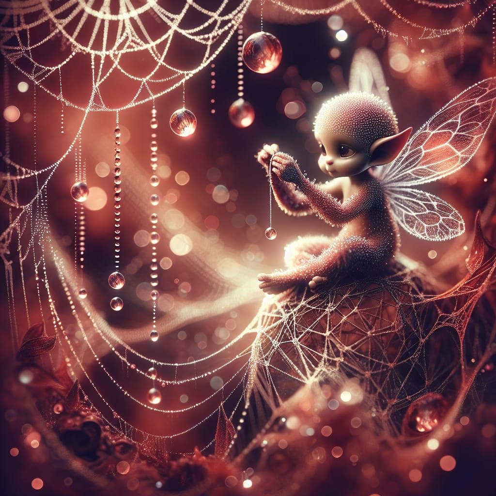 Dew Fairy Stringing Dewdrops on Spiderweb