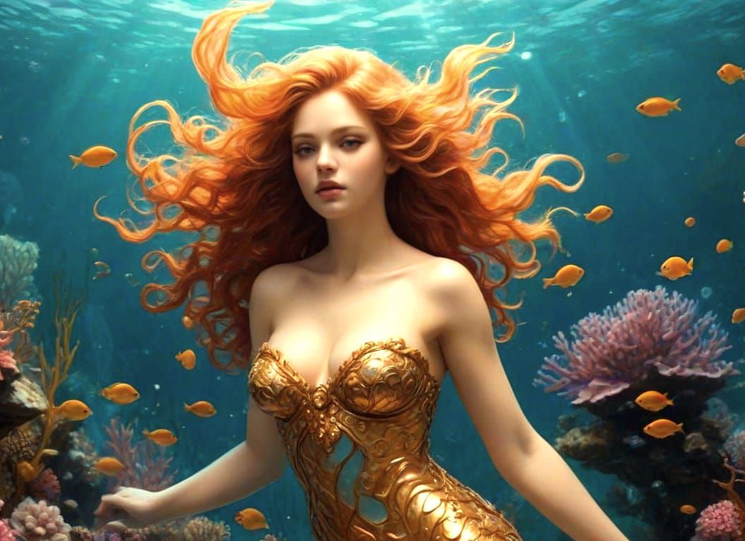 Baroque Mermaid Goddess in Vibrant Coral Reef