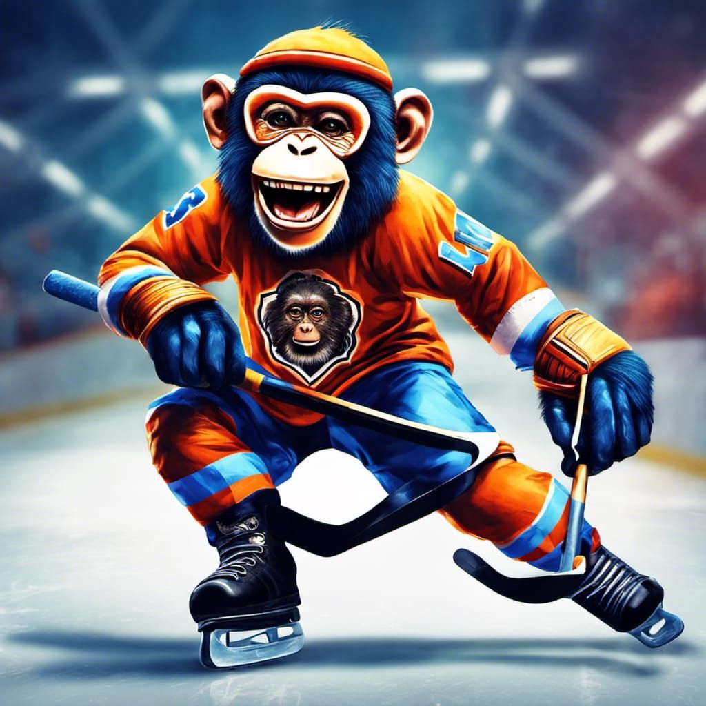 Realistic monkey is enthusiastically playing ice hockey, dressed in a full hockey outfit, skates on, and fully engaged i...