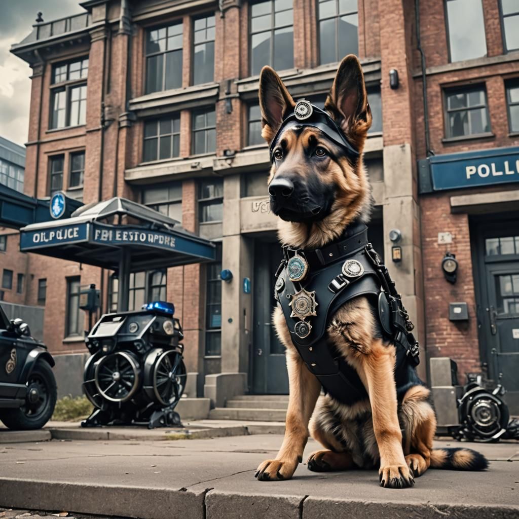 Steampunk German Shepherd Puppy in Futuristic Scene