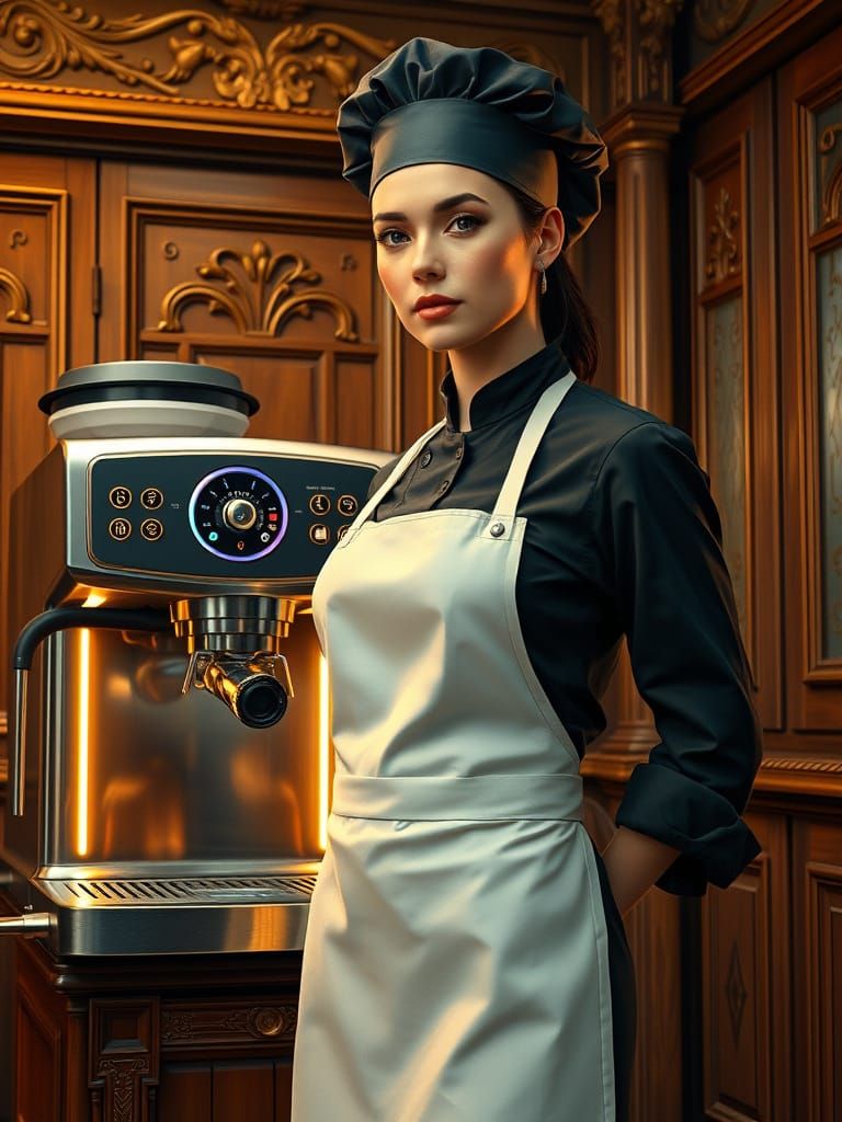 Confident Female Chef in Warm, Futuristic Kitchen