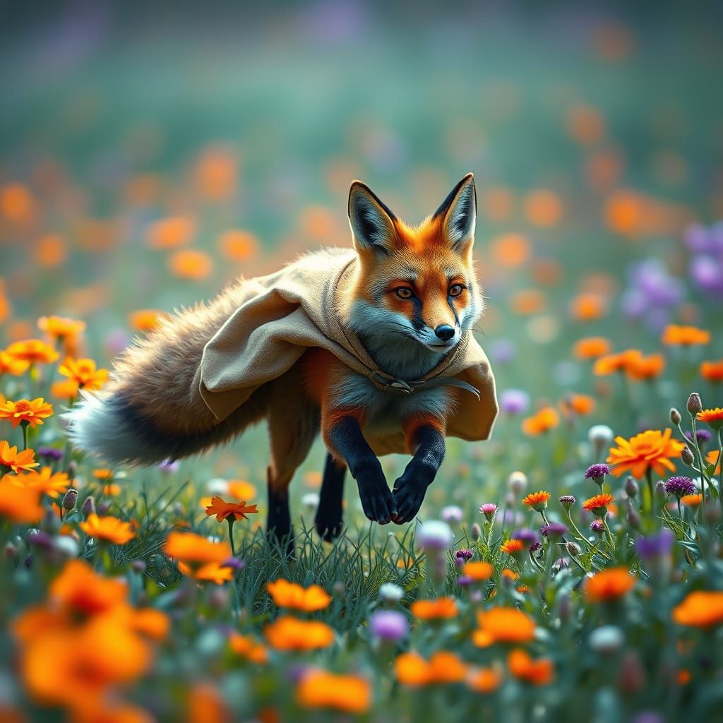 Fox in Vibrant Floral Landscape with Dynamic Lighting