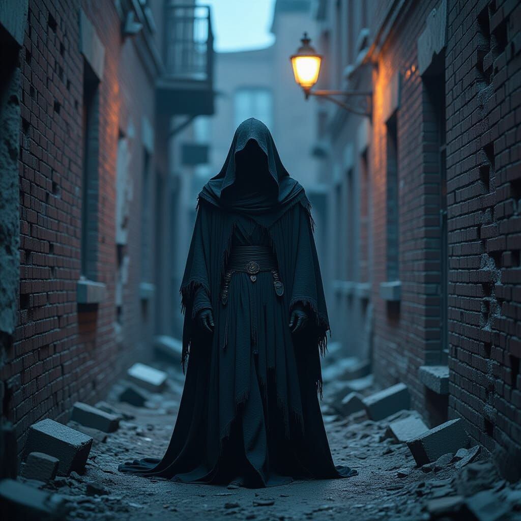 A cloaked figure, within the shadowy depths of a desolate, p...