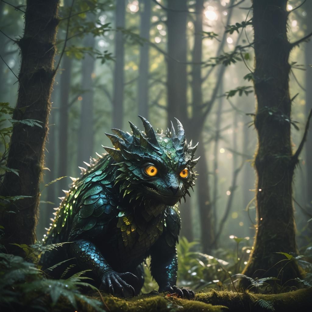 Iridescent Cryptid Portrait in Misty Forest