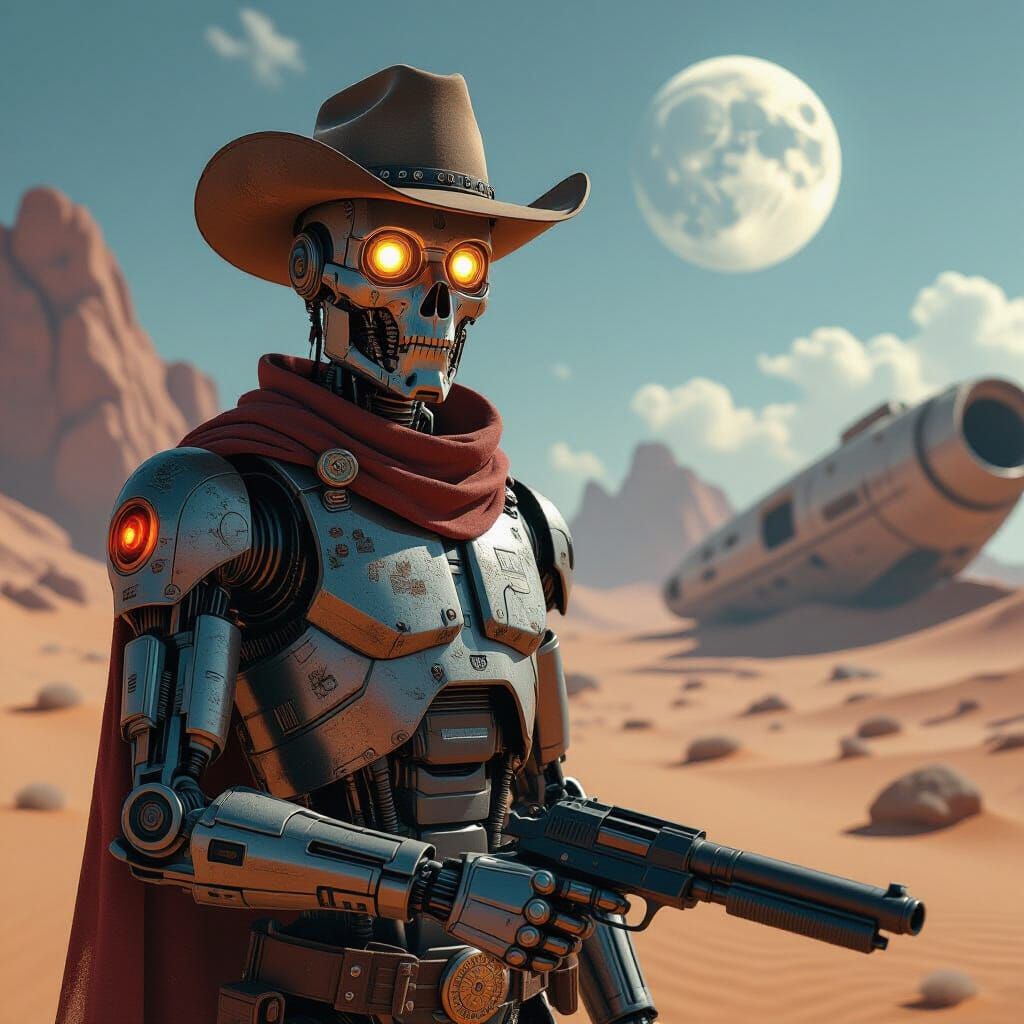 Cowboy Automaton on Alien Planet with Laser Pistol