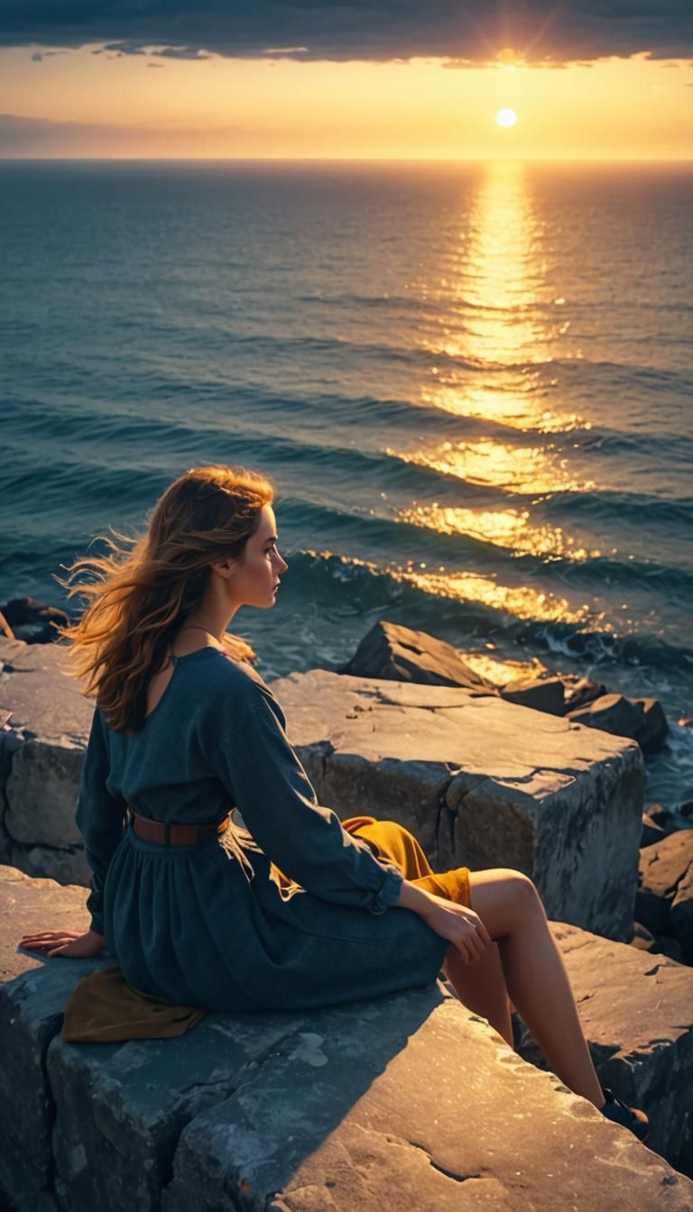 Girl by the Sea in Golden Hour Lighting