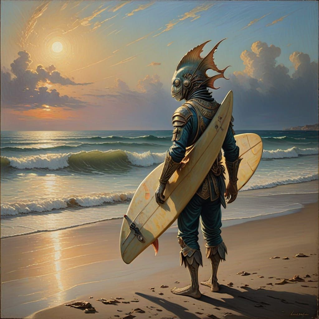 Whimsical Beach Scene: Fish Alien Surfs at Sunrise