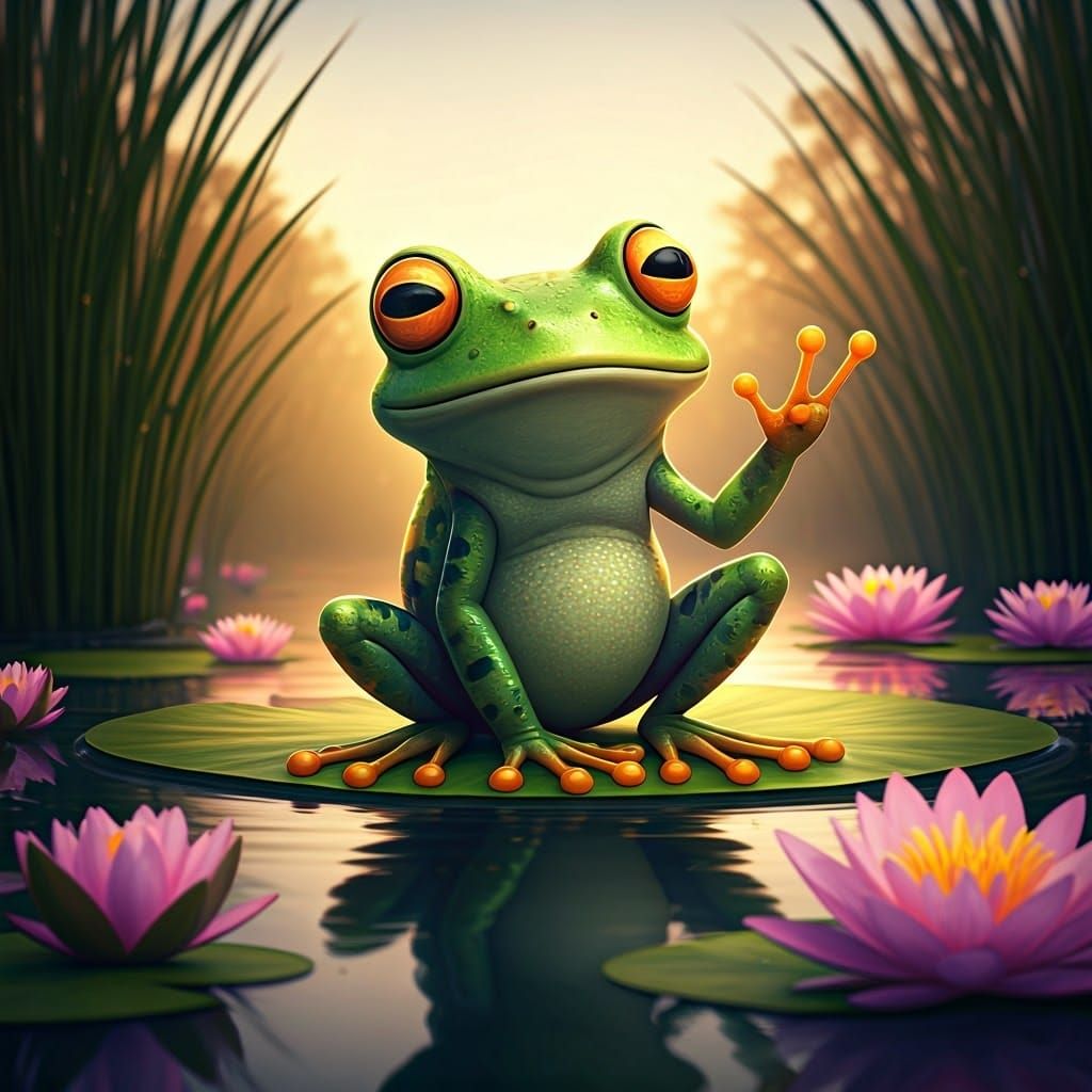 Cartoon Frog in Pond with Flowers: Matte Painting