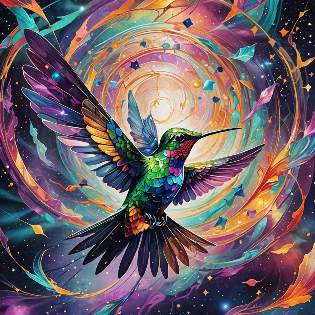 Cosmic Hummingbird in Surreal Holographic Illustration