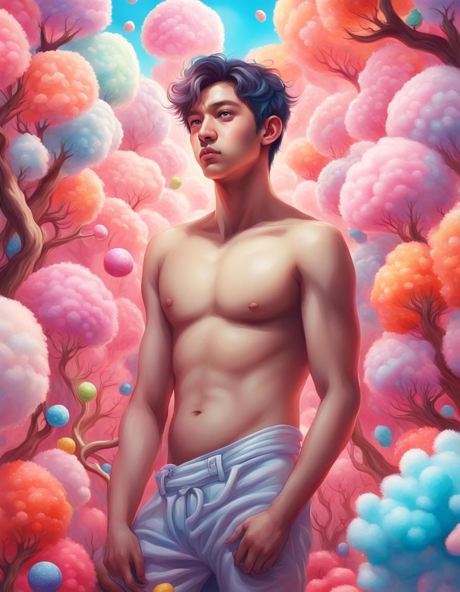 handsome young man amidst cotton candy forest