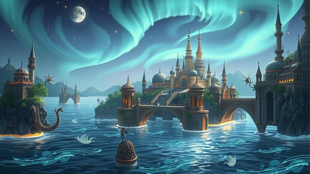 Mystical Floating Cityscape with Bioluminescent Ocean