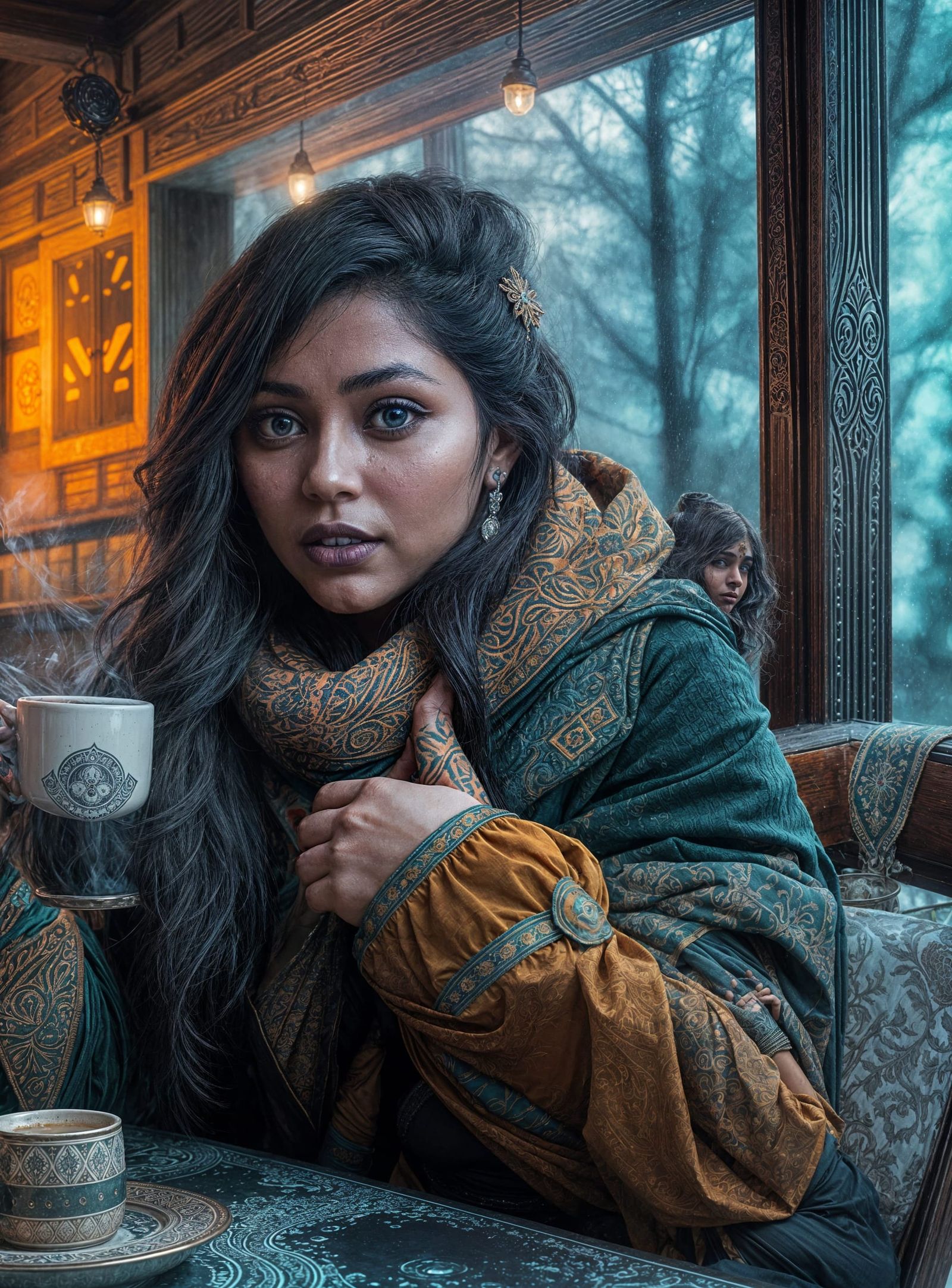 Gothic Indian Woman Drinking Coffee, Hyperdetailed Concept A...