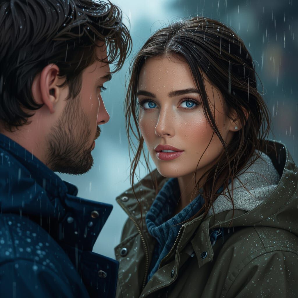 Woman in Rain Gazing at Boyfriend's Face, Photorealistic