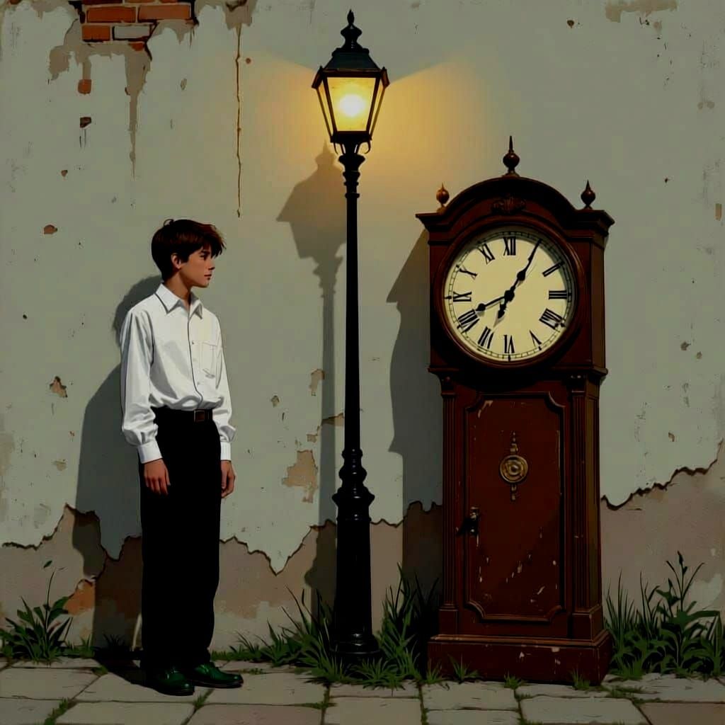 Teen Boy and Clock at Dusk in Worn Yard