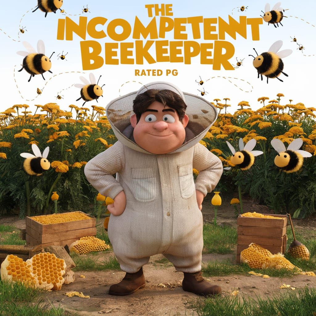 Movie Poster with text: "Coming Soon: The Incompetent Beekeeper, PG-13".

Background shows a silly Beekeeper with an api...