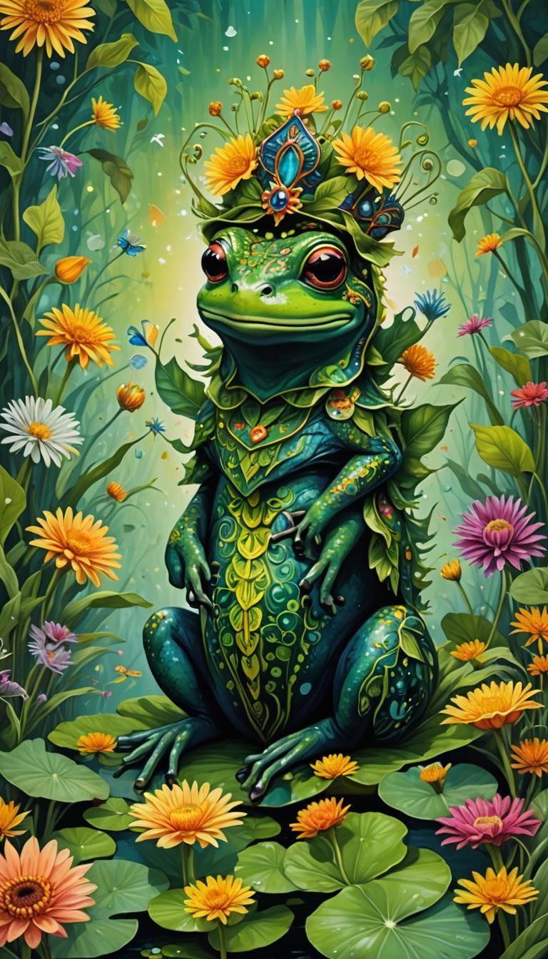 Frog Prince with Dandelion Trees, Dark Fantasy Art