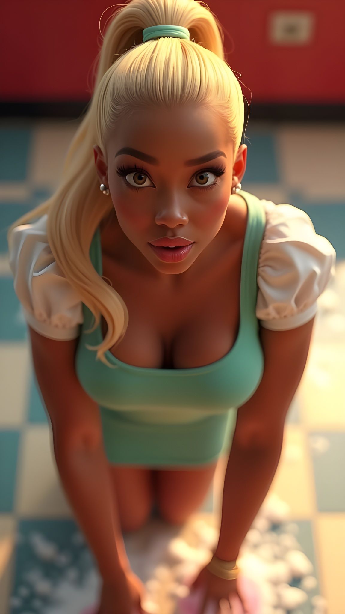 Waitress Scrubbing Diner Floor in Pixar Style